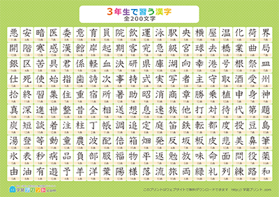 小学3年生の漢字一覧表（画数付き） グリーン A4